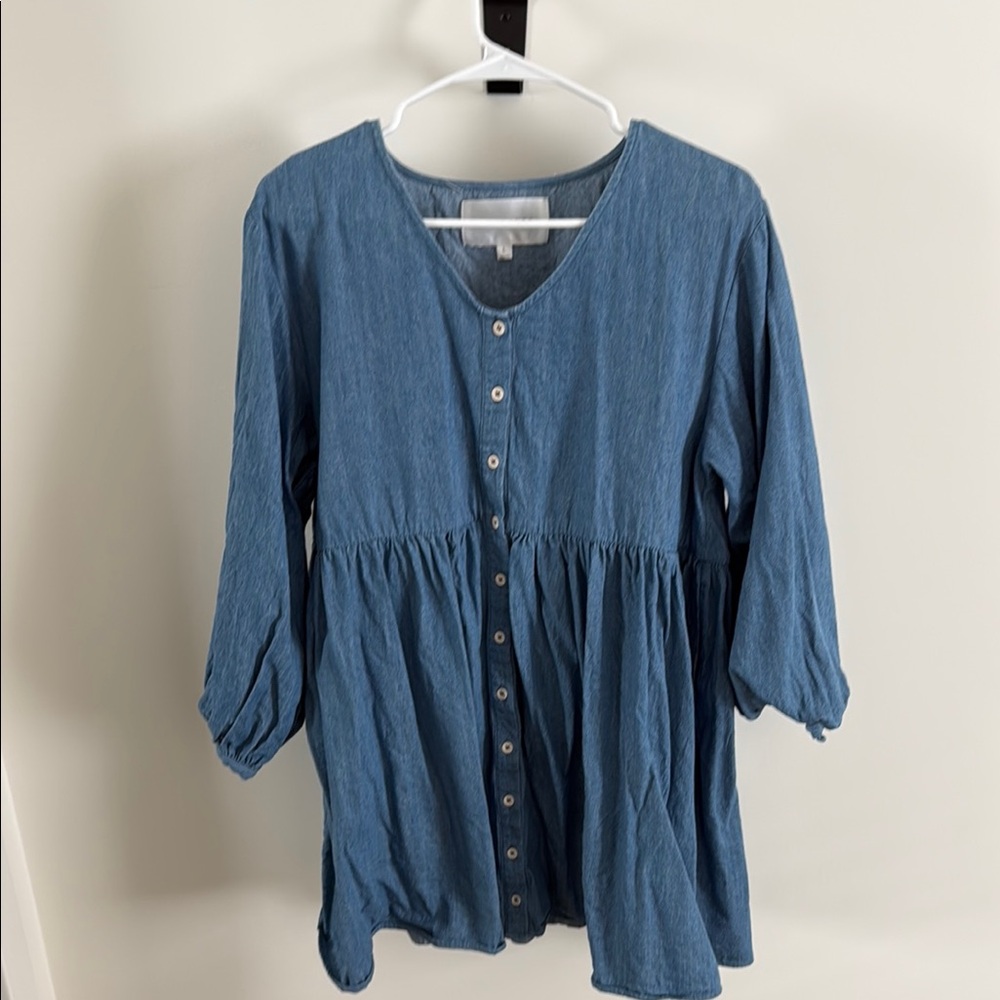 Blue 3/4 Sleeve Peplum Button Down Shirt